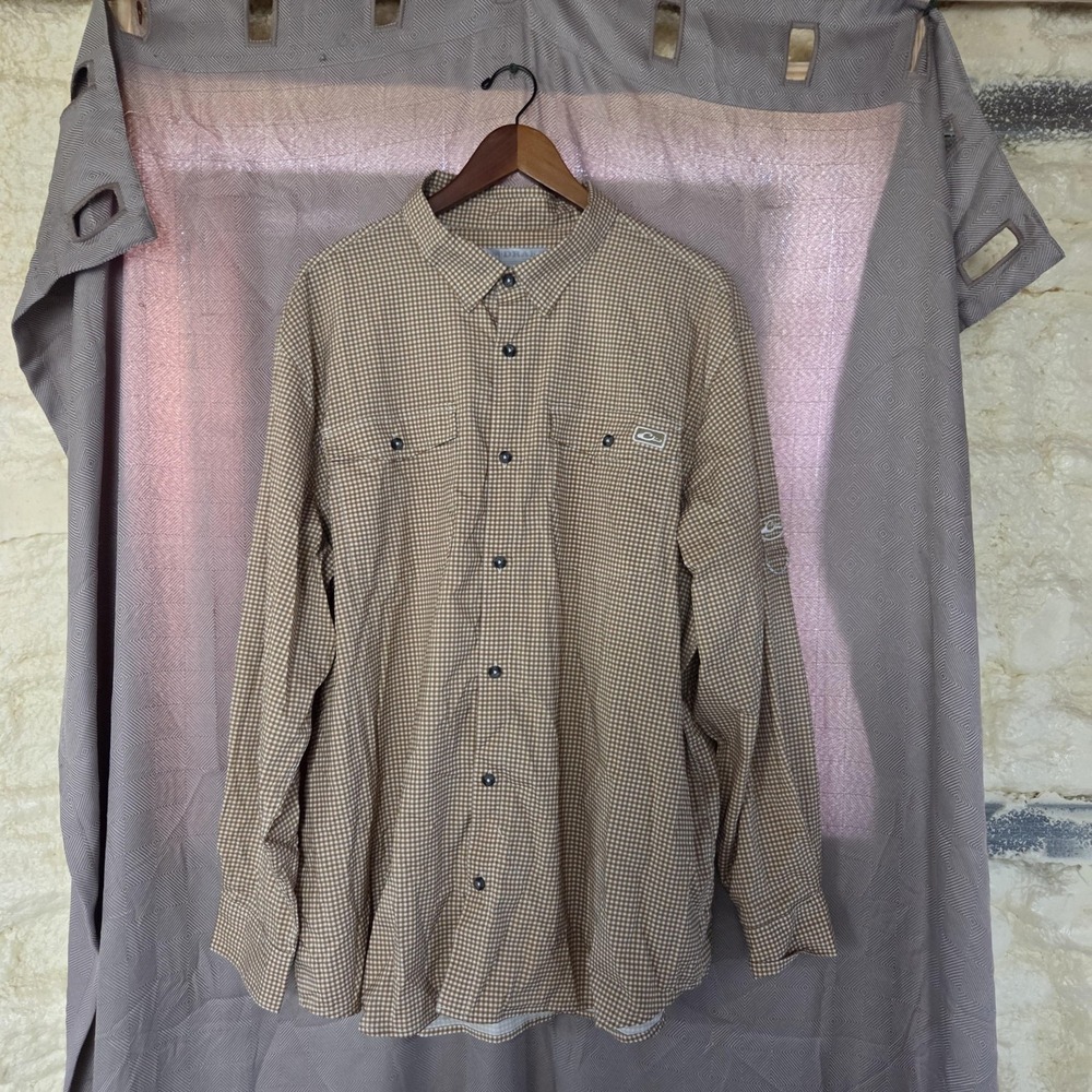 Drake Shirt Mens XL Brown Check Long Sleeve Vented Fishing Button-Up Casual